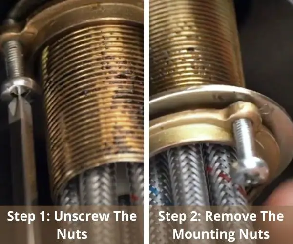 Unscrew the nuts and remove the mounting nuts