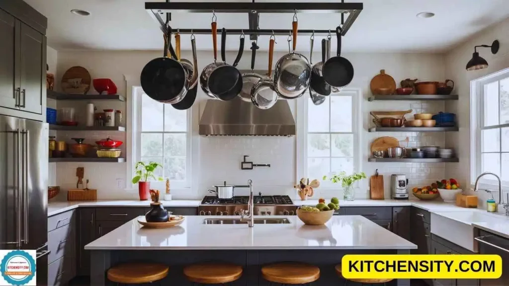How to Organize a Small Kitchen: 10 Innovative Ideas to Maximize Space 5 Hanging Pots and Pans for convenience in small kitchen